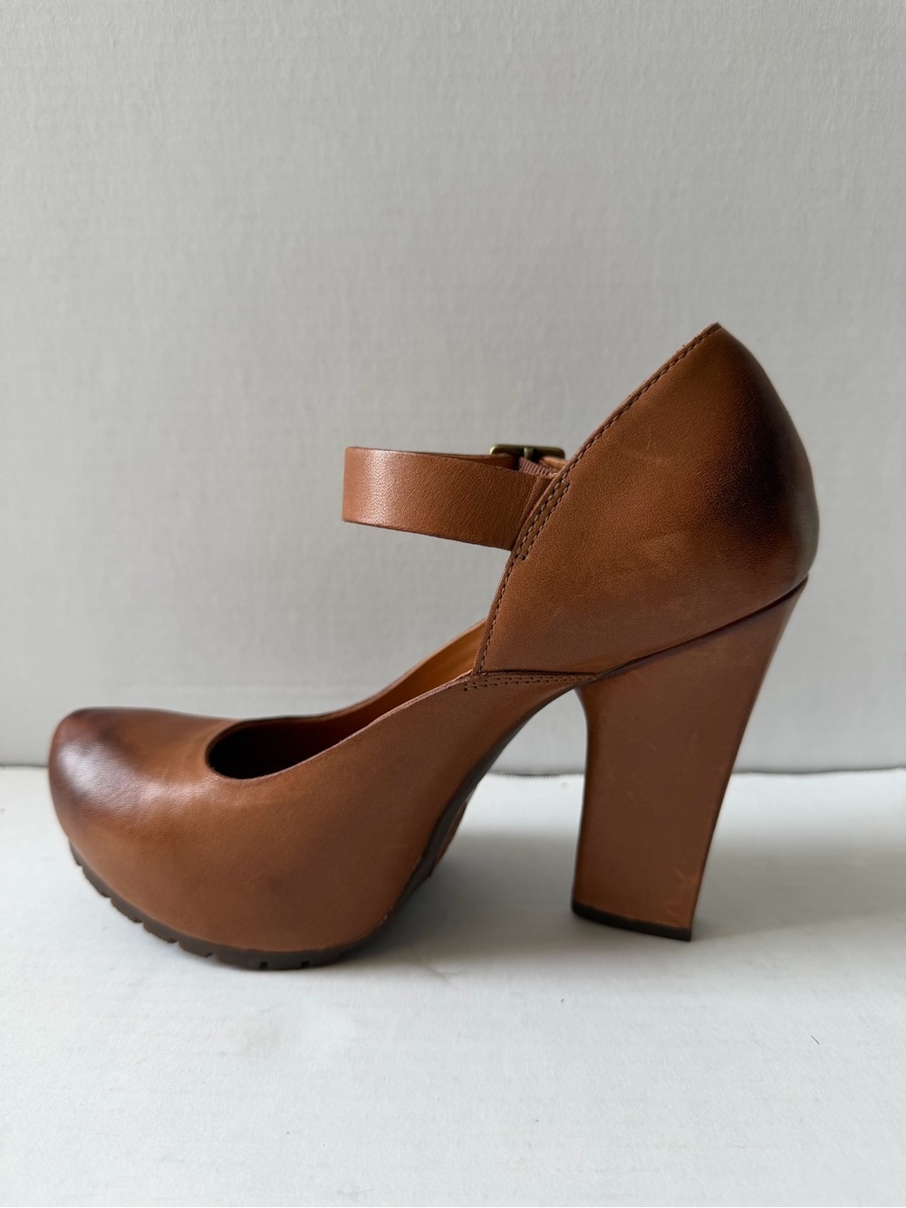 Kork-Ease Brown Leather Mary Jane Block Heel Pumps with Ankle Strap - Picture 3 of 9